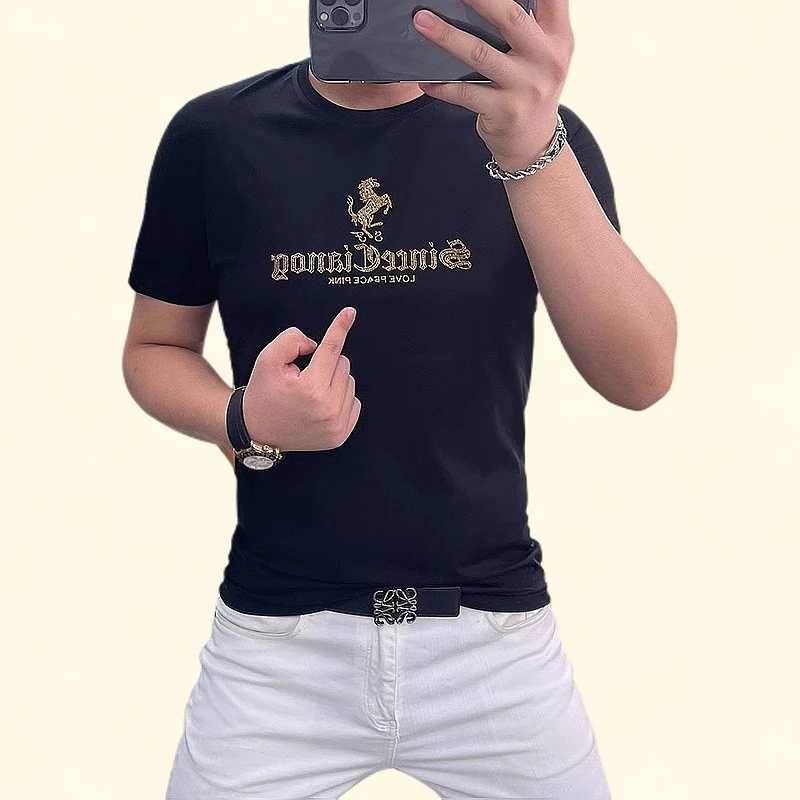 维麦帕通烫钻T恤短袖男战马夏季休闲冰丝简约百搭半袖圆领T