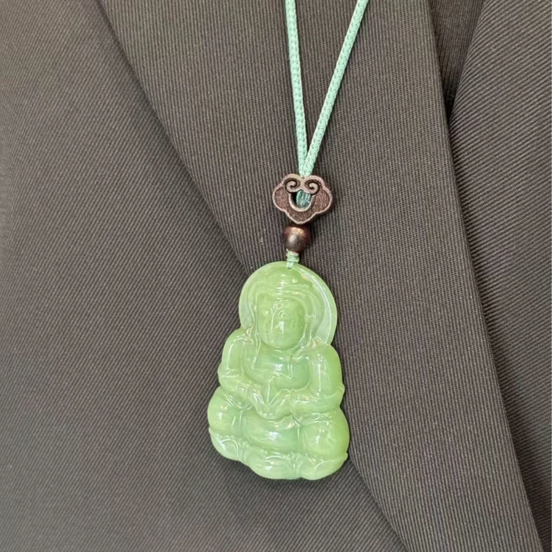 月下逢-七号矿碧玉和田玉观音粉青吊坠手工雕刻气质-多样性发一