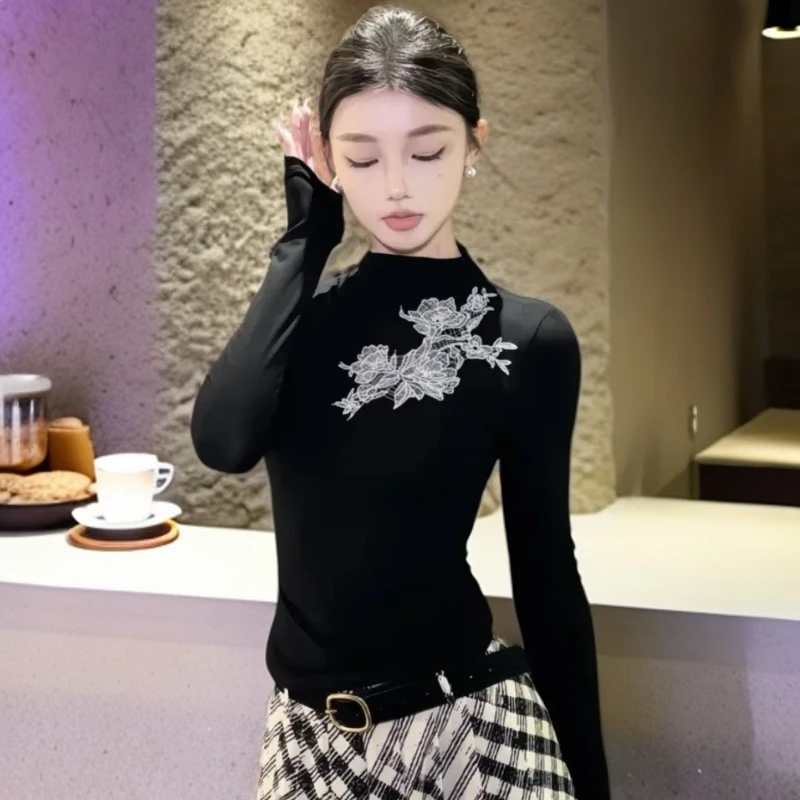 新中式黑色刺绣长袖T恤秋季套装静奢风显瘦穿搭气质修身百搭网红