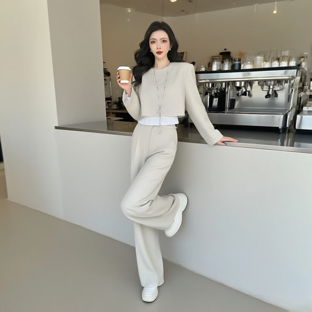 简约休闲小香风套装女秋季穿搭一整套高级感气质上衣阔腿裤两件套