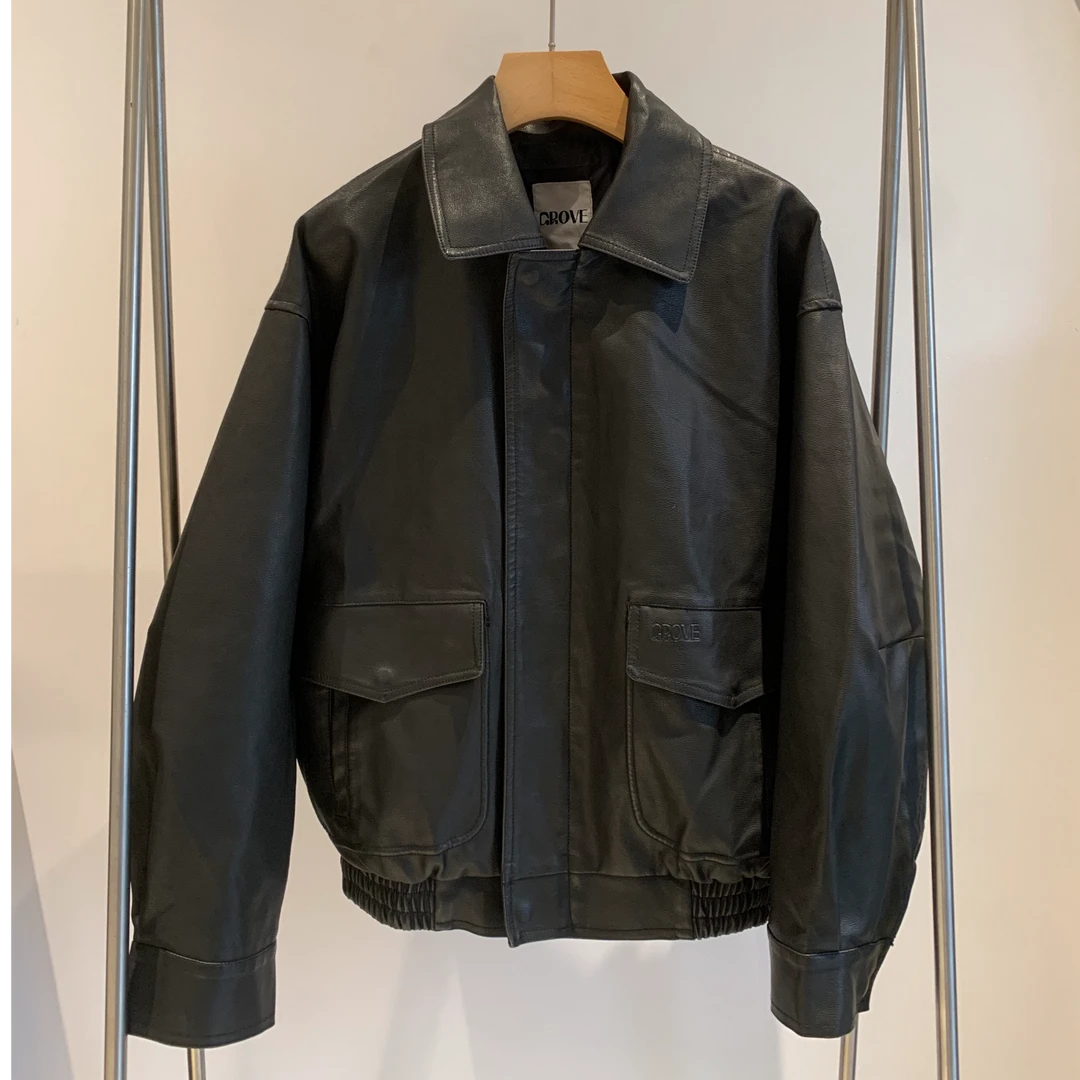 韩国订单复古做旧皮衣翻领机车夹克双口袋立领皮衣外套2504-w