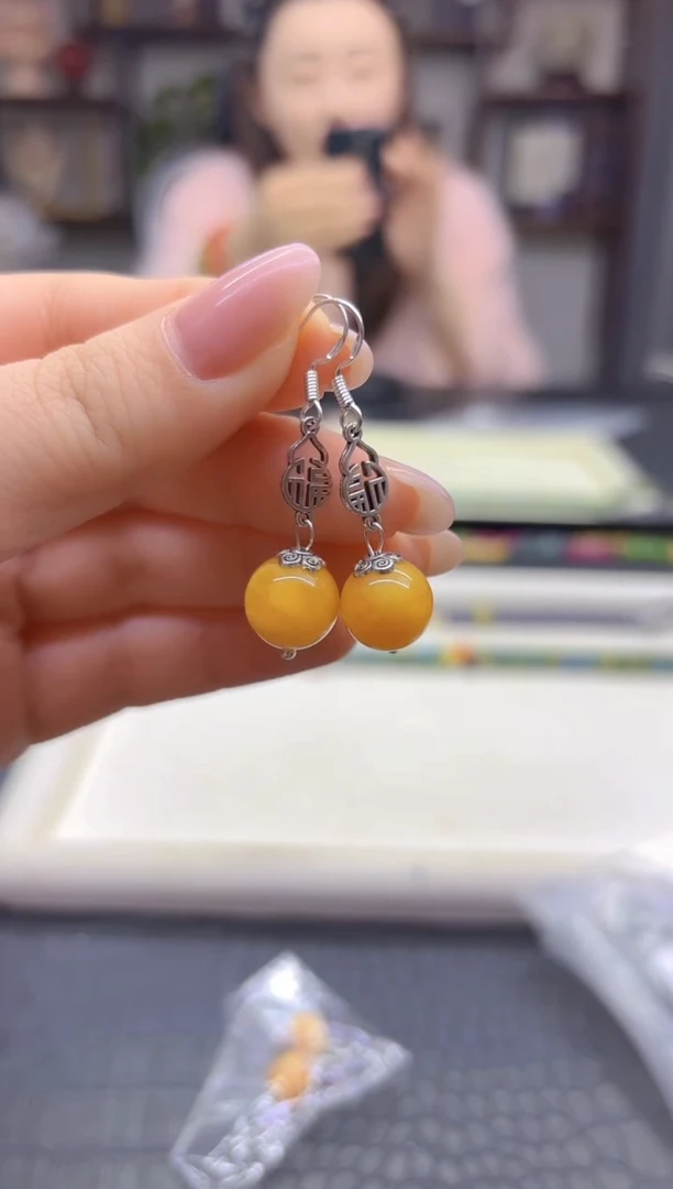 蜜蜡银S925镶嵌耳饰DIY款E89810