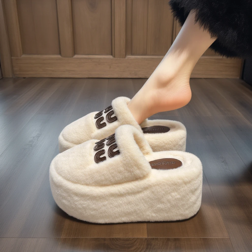【羊羔绒】8cm厚底毛毛拖鞋女2025冬季小个子增高棉拖字母包头拖