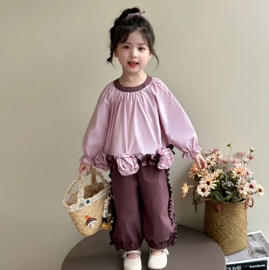 女童秋季新款套装圆领公主风花朵上衣女宝宝宽松花边束脚裤两件套