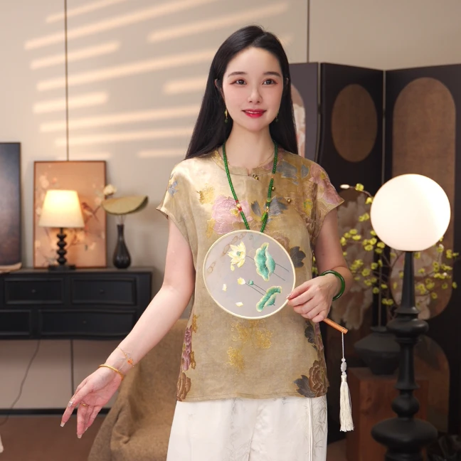 【金牡丹短款】2025新中式国风高级感T恤女装夏季短袖斜襟上衣