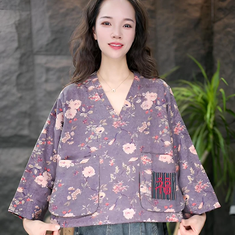 JJ民族风蝙蝠袖不对称女印花T恤秋款欧若假日风长袖宽松打底衫