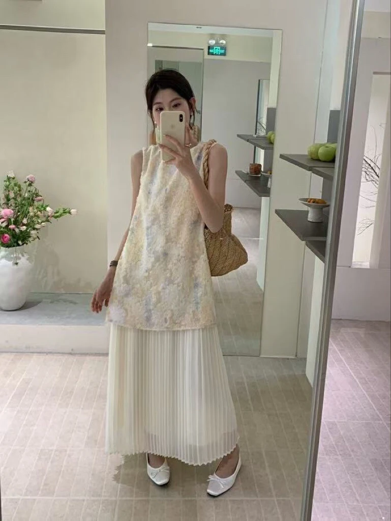 夏季新款法式扎染立体浮雕风琴褶设计感背心连衣裙