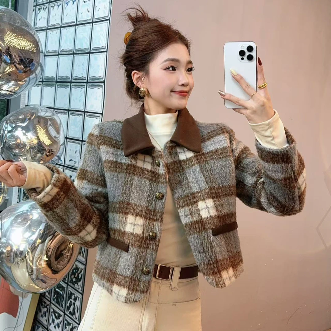 小个子女装秋冬款小香风格子毛呢外套女韩版呢子短外套12