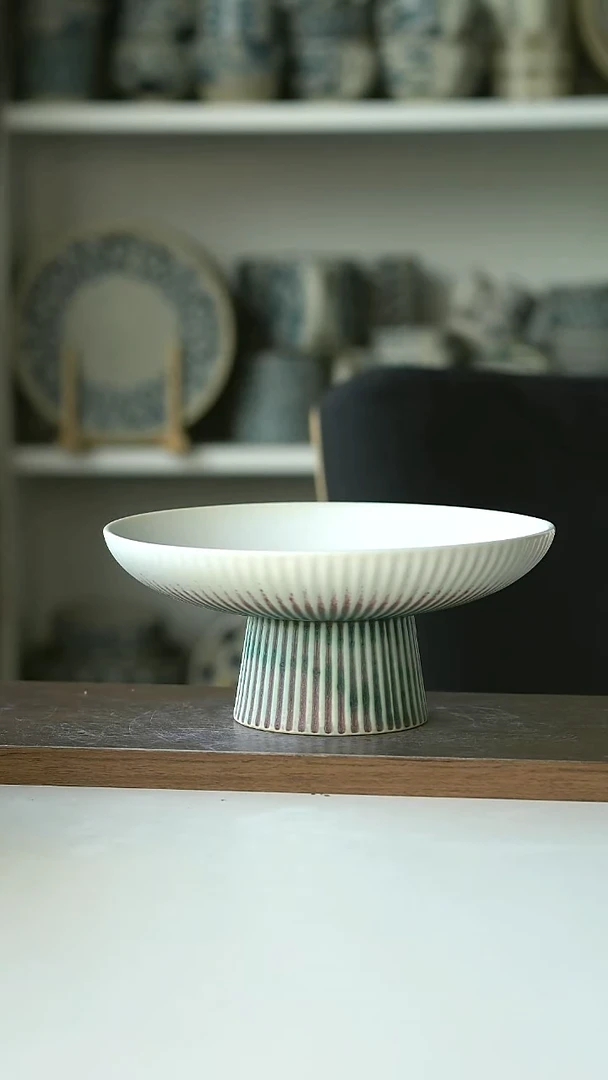 窑变青绿白高足果盘18cm @4-2@