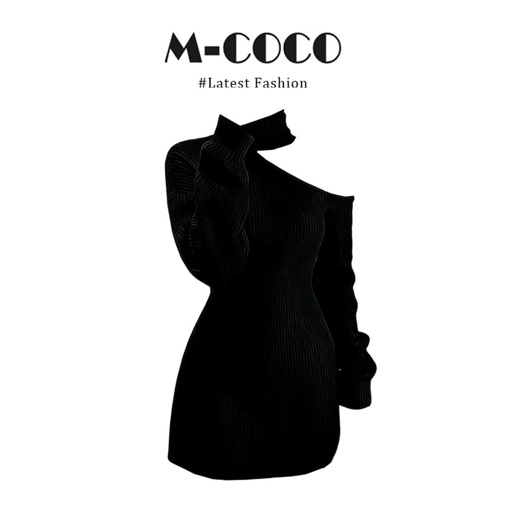 INS CEC法式黑色露肩针织连衣裙女秋冬新款绝美气质修身包臀裙