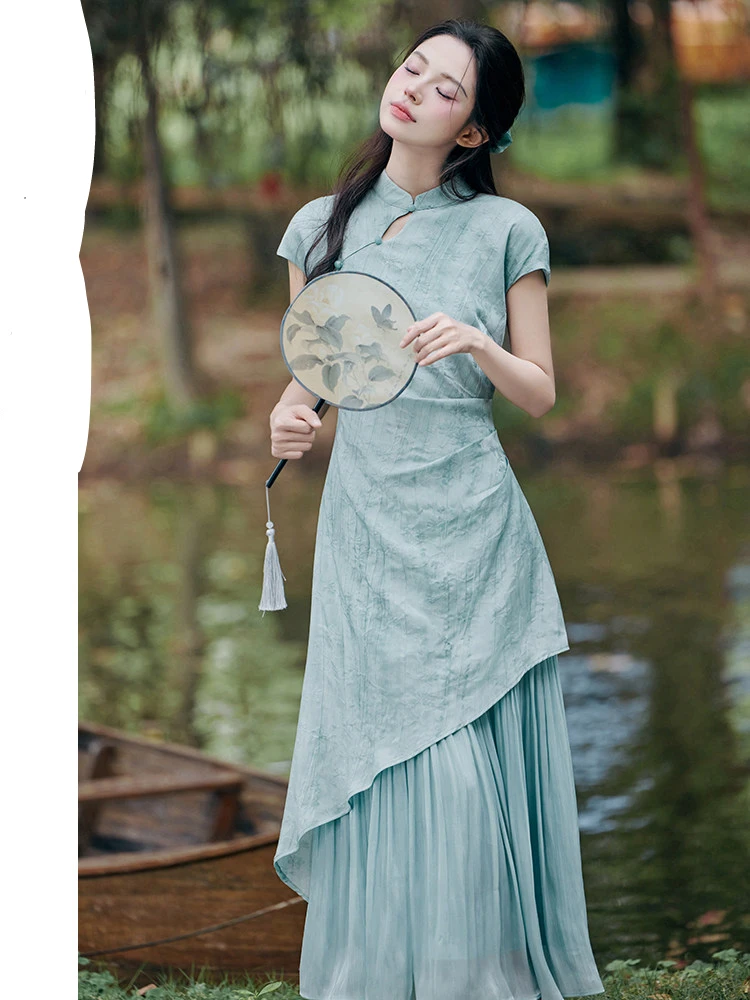 2025夏季新款新中式禅意绿竹收腰显瘦不规则假两件长款连衣裙