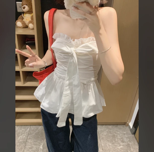 特大码甜美风白色蝴蝶结抹胸背心女夏荷叶边别致收腰显瘦胖mm上衣