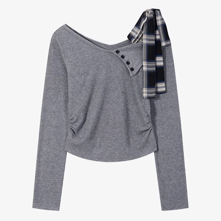 羊城故事-灰色不规则蝴蝶结露肩针织衫秋季小众长袖上衣Y41247666