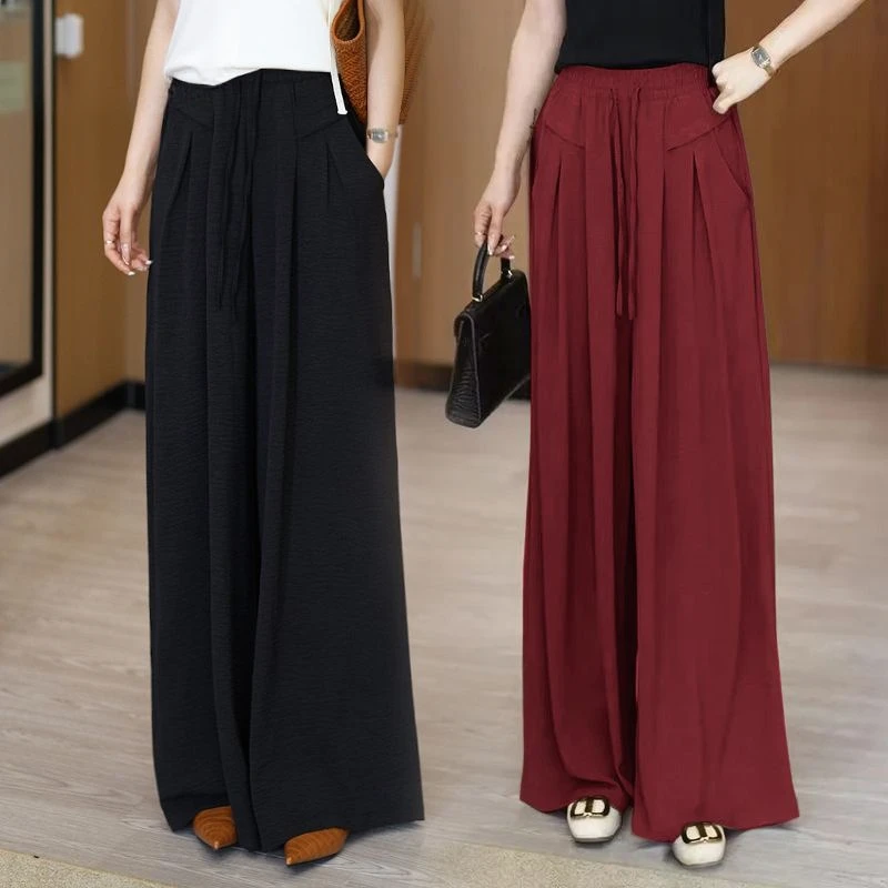 春夏季新款中老年妈妈裙裤女高腰垂感冰丝阔腿裤直筒休闲裤子山本