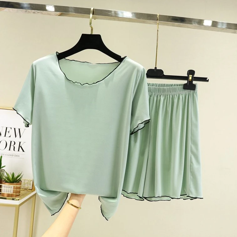 大码胖MM冰丝短袖长裤休闲套装胖mm宽松160斤家居服女薄款可外穿