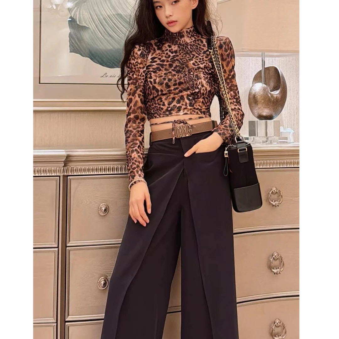 秋季新款显瘦设计感气质网红长裤阔腿裤黑色时尚百搭款高腰豹纹