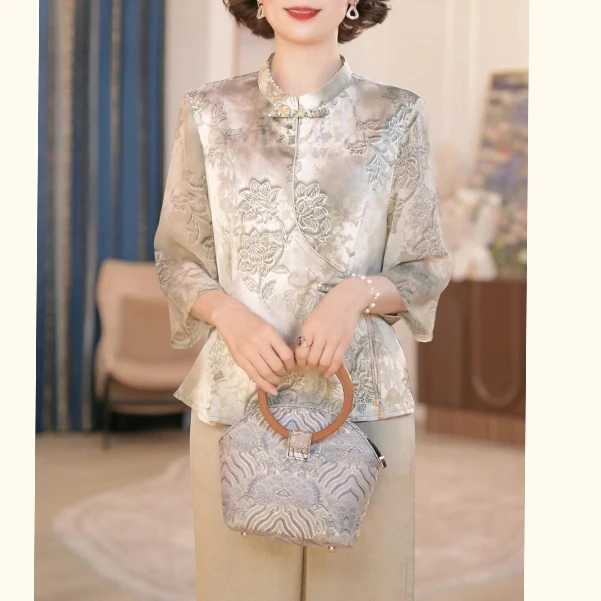 中年妈妈春装新中式国风套装2025新款洋气上衣服中老年女装两件套