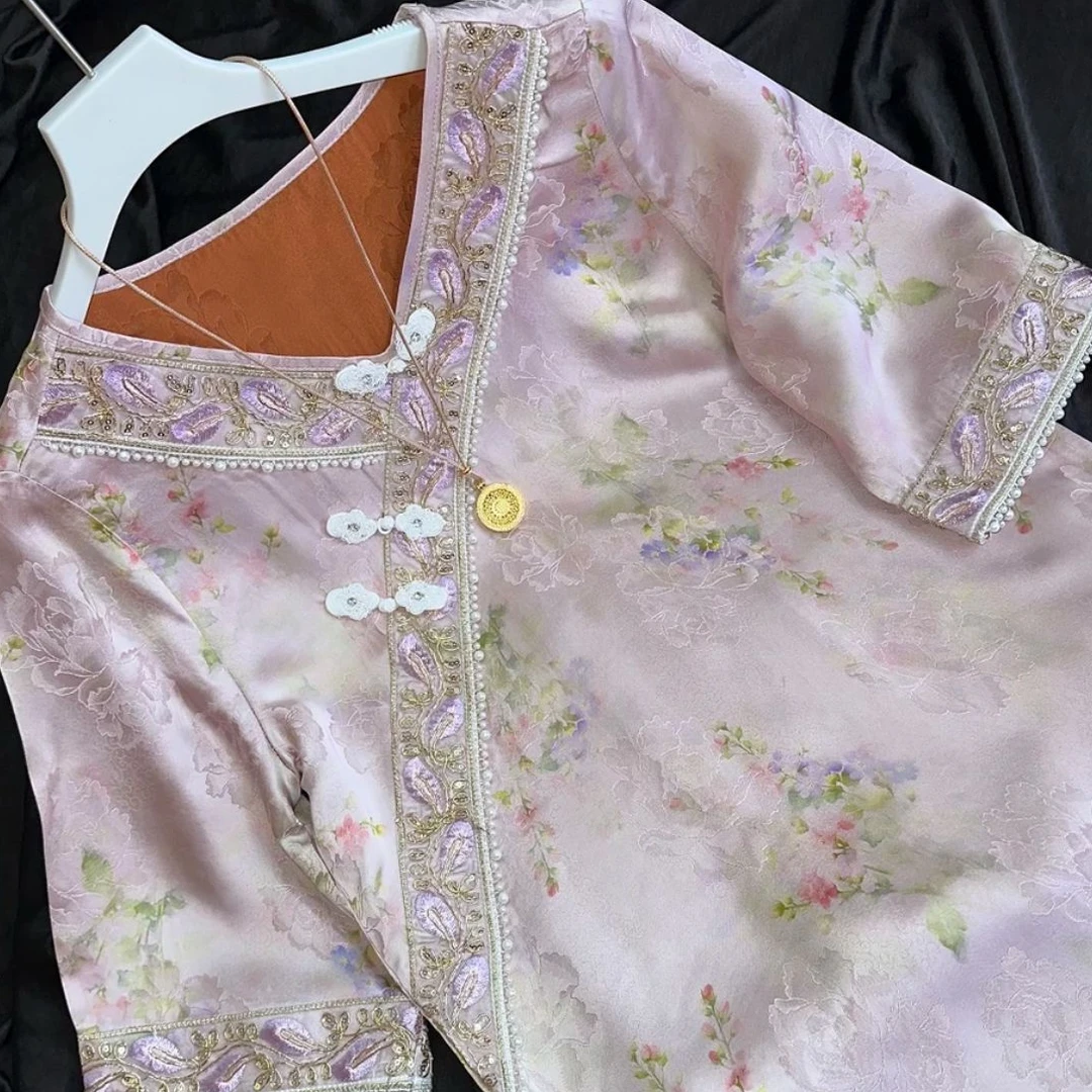 3083-【春波】碎花圆领斜襟连衣裙套头新中式绣花夏季气质紫色日常