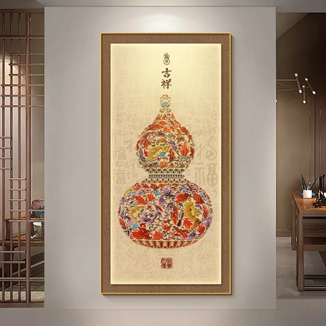 《百福葫芦》砂岩肌理感装饰画玄关餐厅床头高端简约大气客厅走廊画