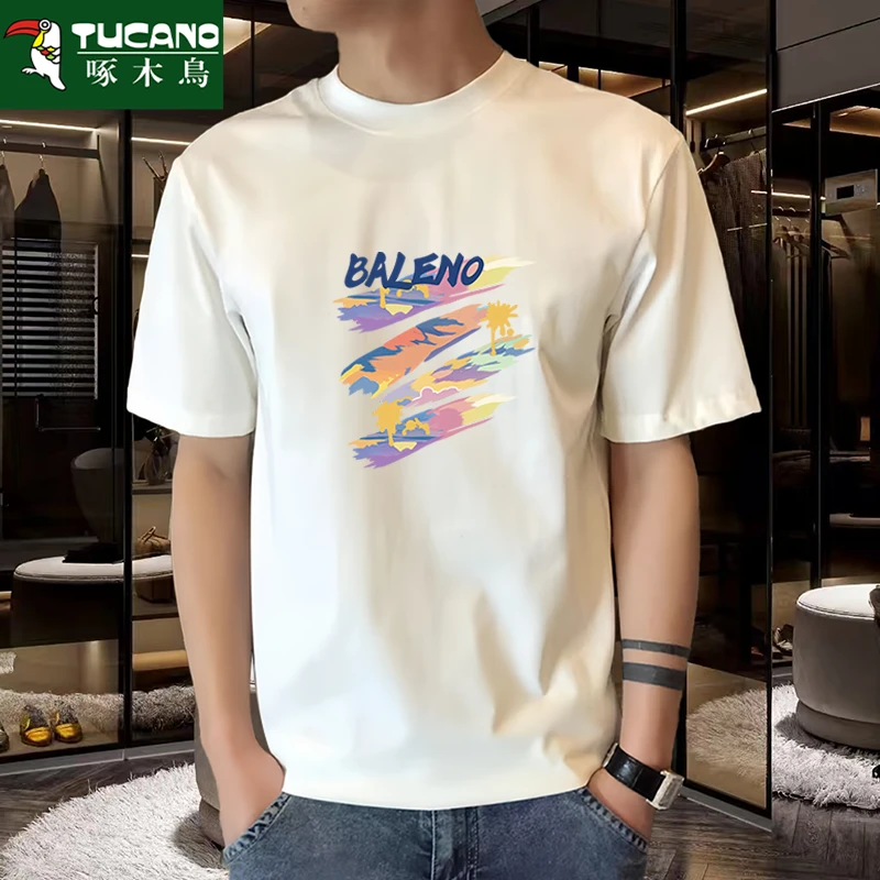 啄木鸟2025春夏季印花半袖男女款纯棉圆领短袖t恤港风上衣服宽松
