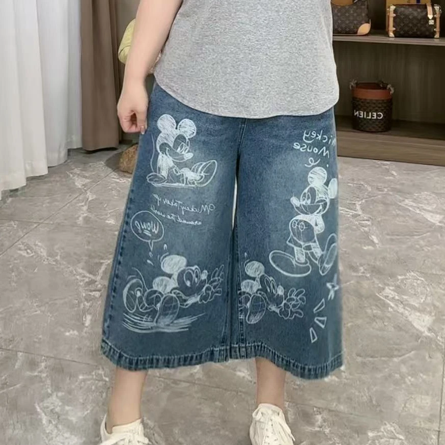 8108卡通米奇阔腿八分牛仔裤