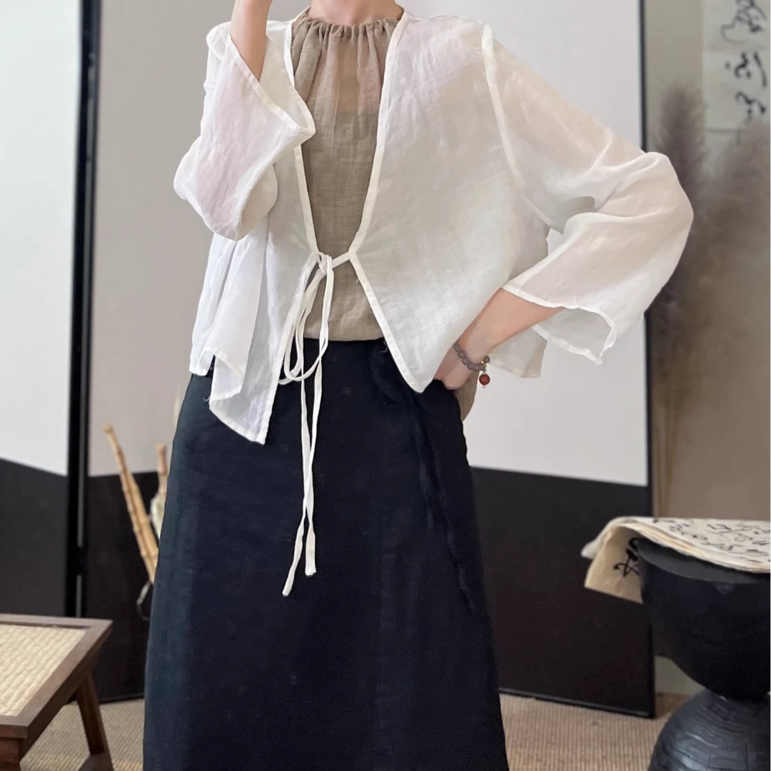 2025新款100%苎麻宽松百搭长袖小衫系绳防晒薄款开衫女