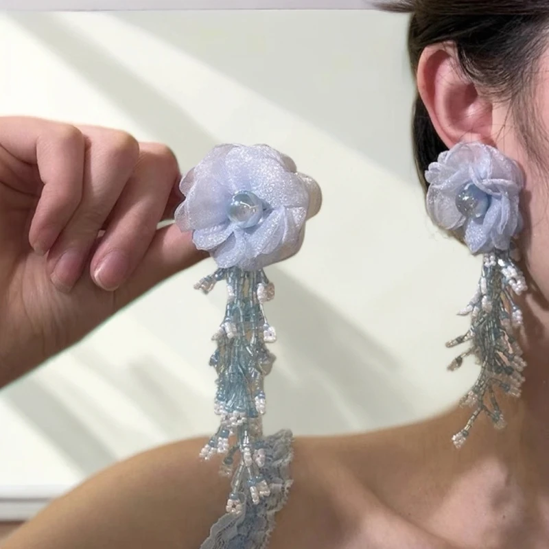 【蓝岛小调】手工气质蓝色轻奢清新素款长款流苏花朵