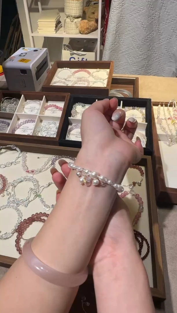 银S925镶嵌手链水晶珍珠链条流苏