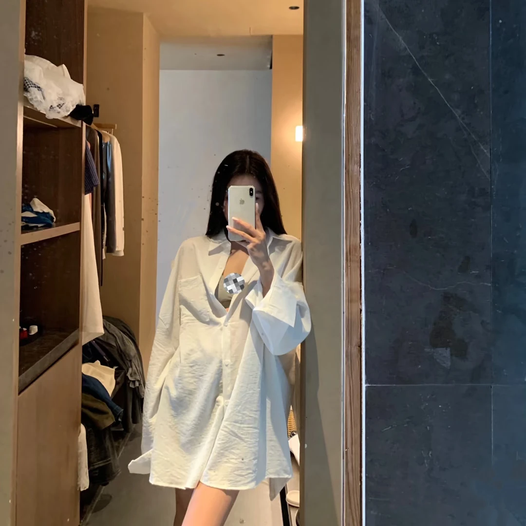 新款韩版白衬衫斩男穿搭男友风yyds宽松慵懒长袖简约白色上衣