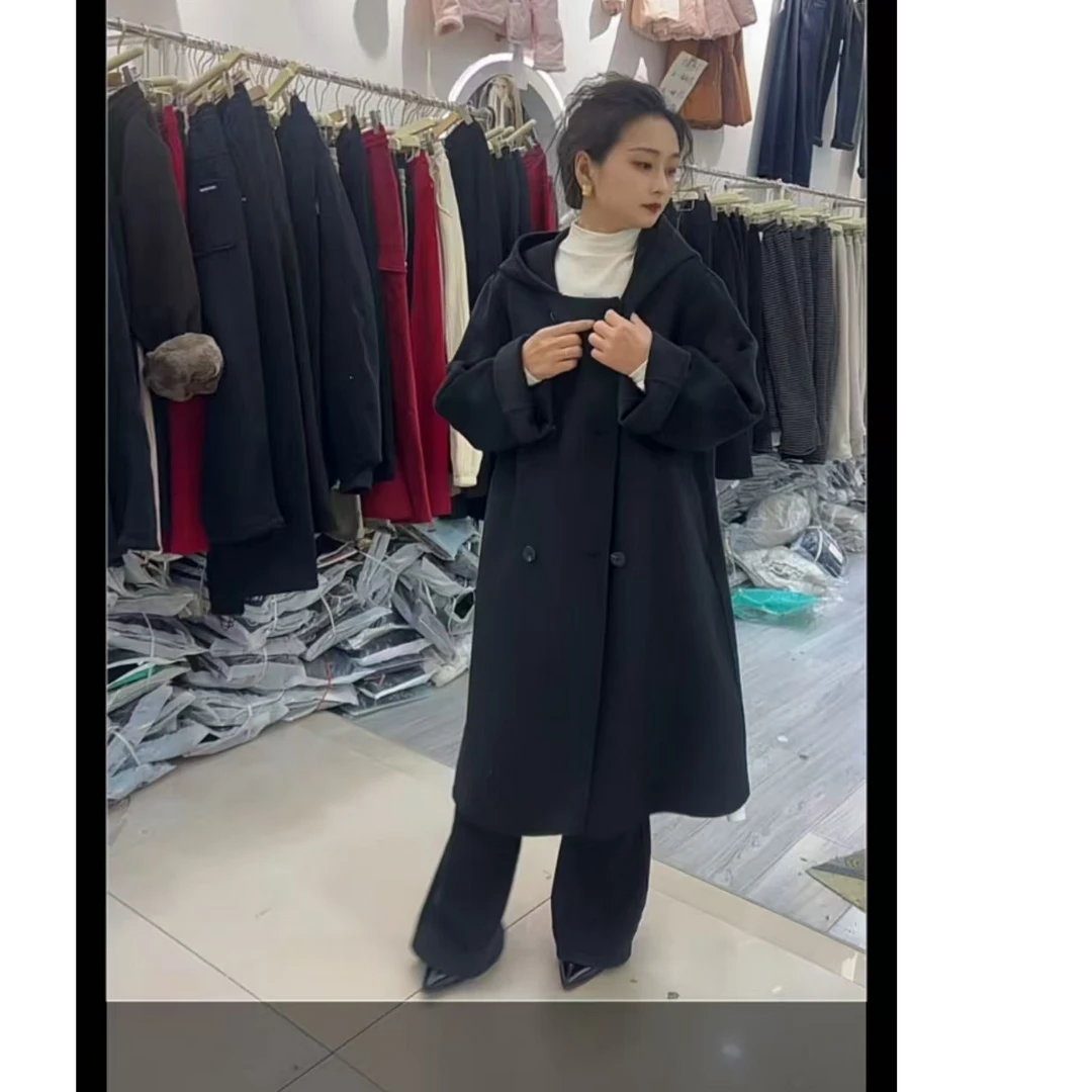 1023#秋冬新款休闲百搭连帽长款毛呢大衣