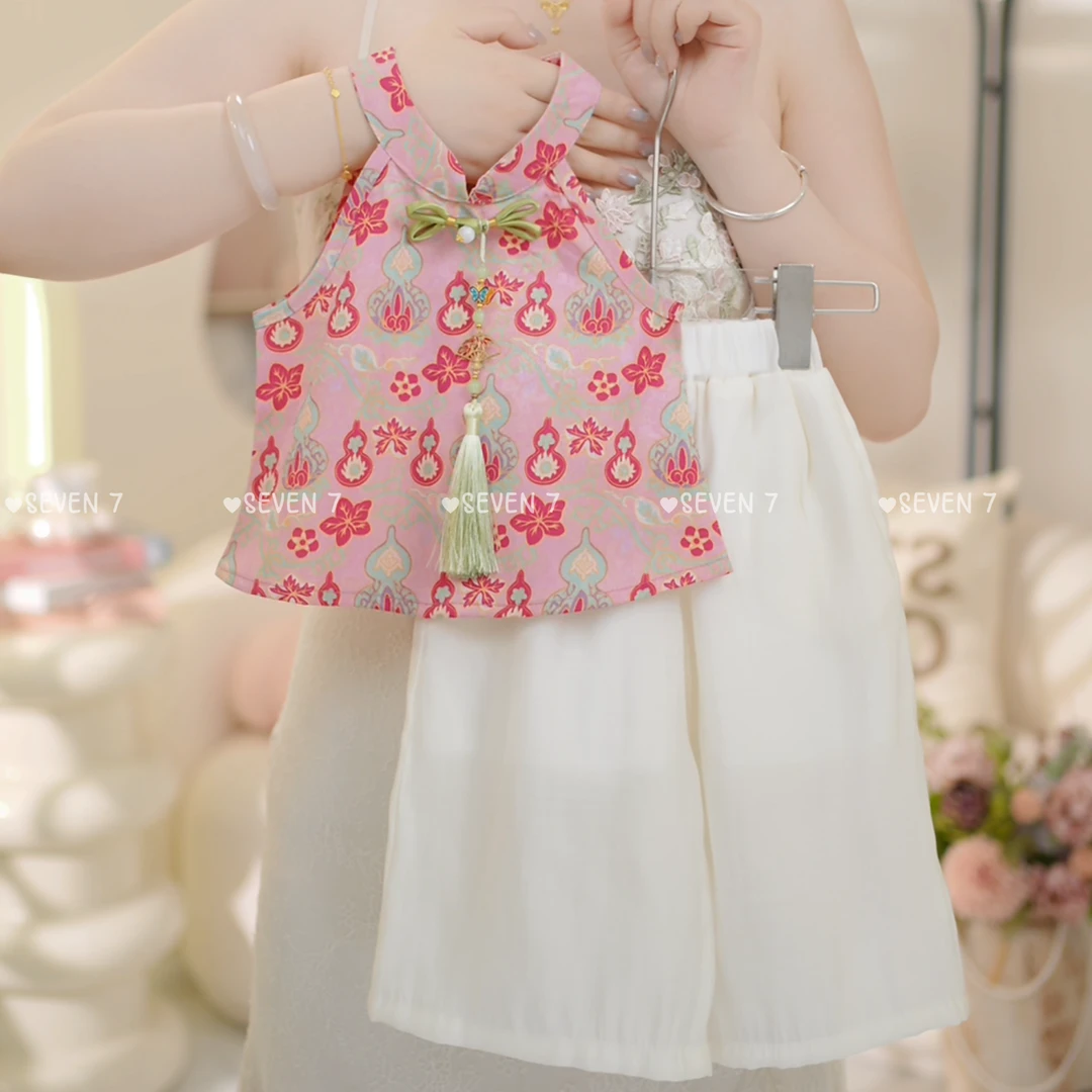 女童2025夏季新品新中式背心阔腿裤两件套