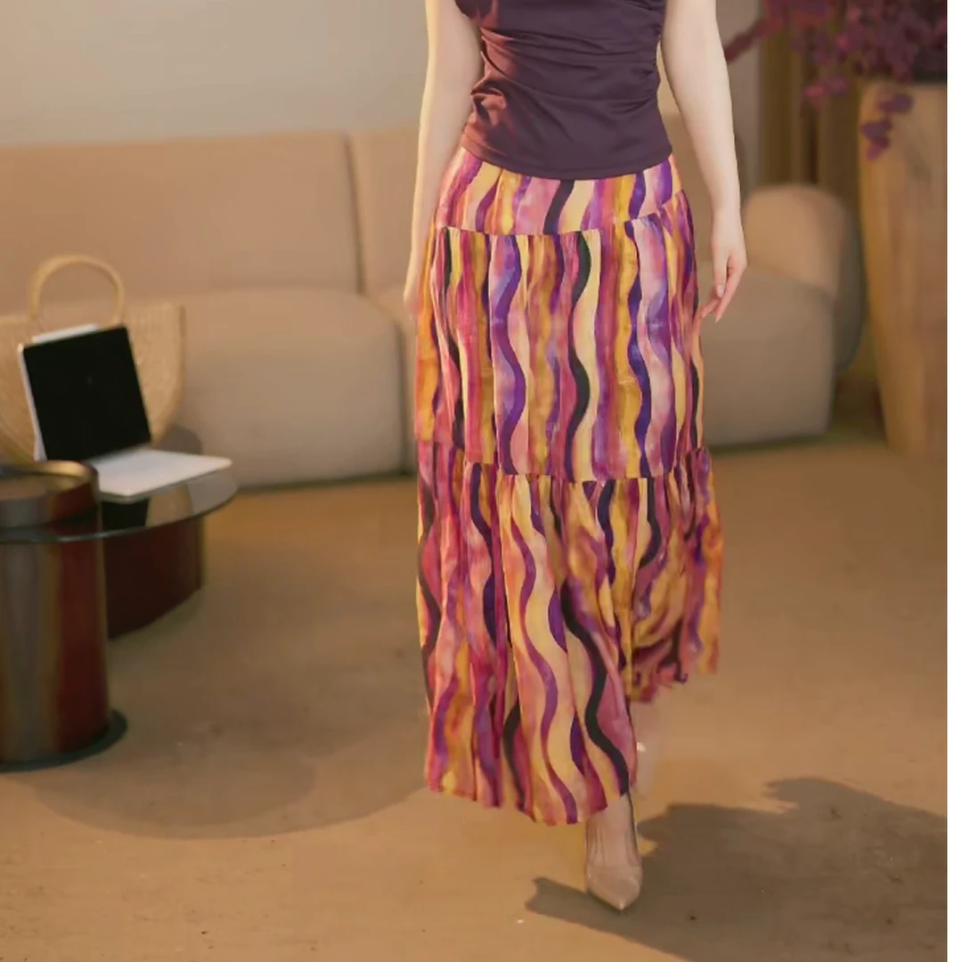 【千亿】多彩旅行家 彩色海带大摆百搭A字高腰裙-HZ621