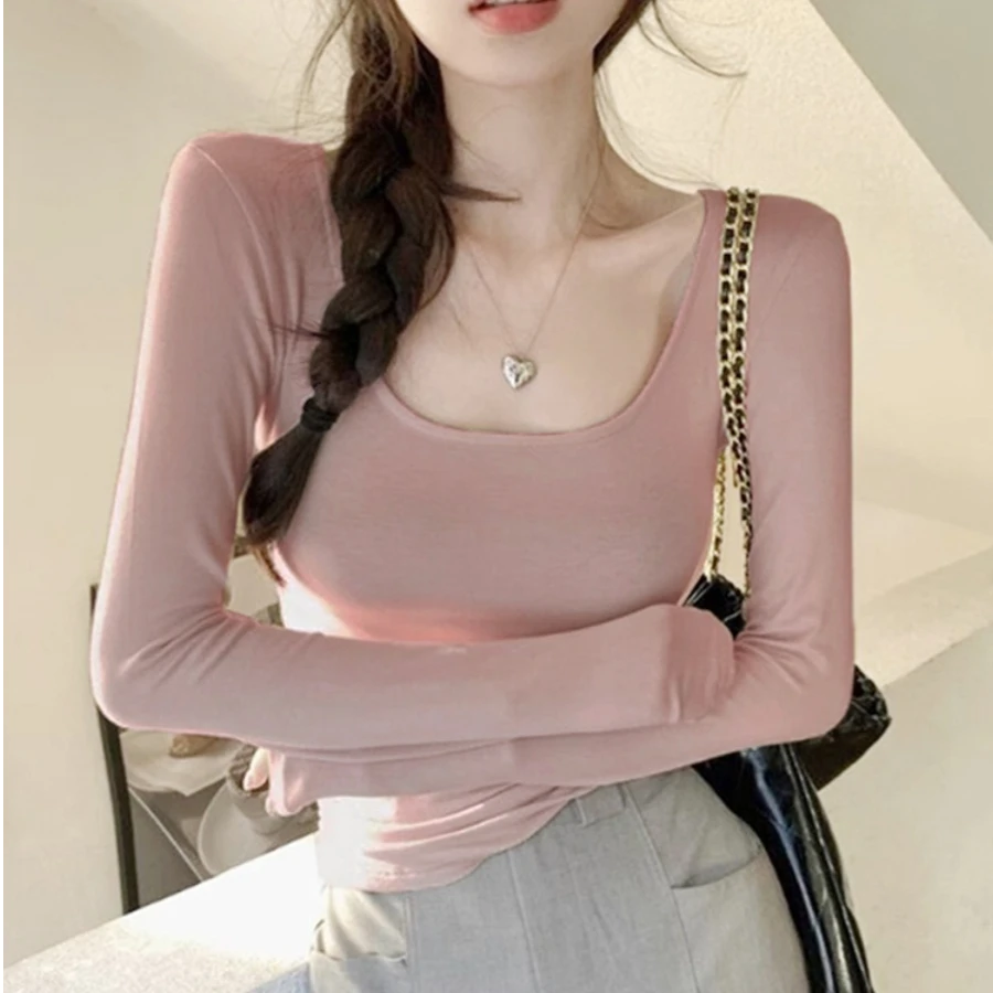 粉色纯欲辣妹U领长袖T恤女士秋装修身显瘦短款内搭低领打底衫上衣