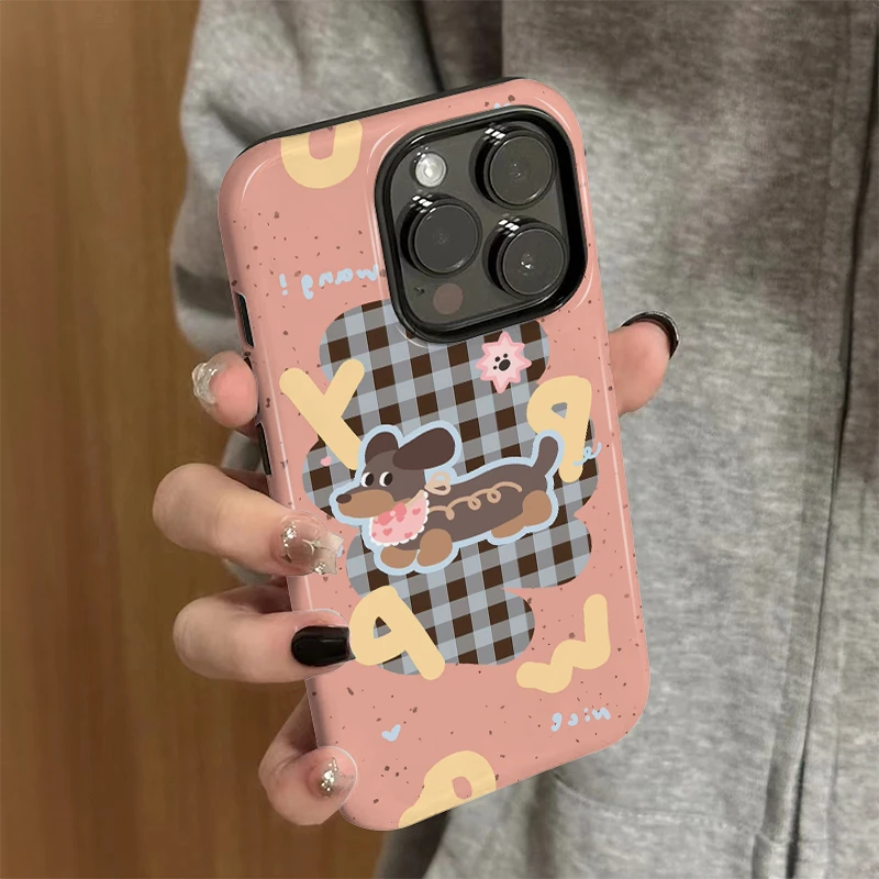 菲林二合一格子小狗适用于苹果16手机壳iphone15华为opop小米vivo