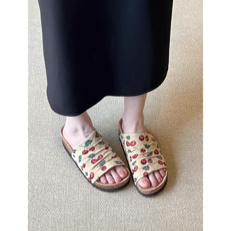 自留版~小众百搭厚底樱桃勃肯鞋女磨砂一字带圆头软底夏季凉拖鞋