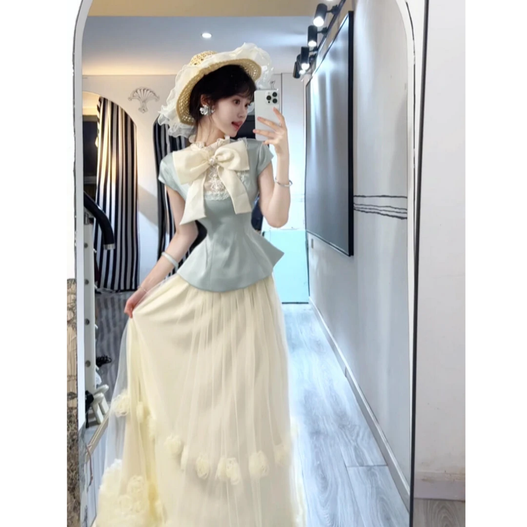 2025新款法式气质优雅蝴蝶结蕾丝拼接短袖上衣网纱半身裙两件套女