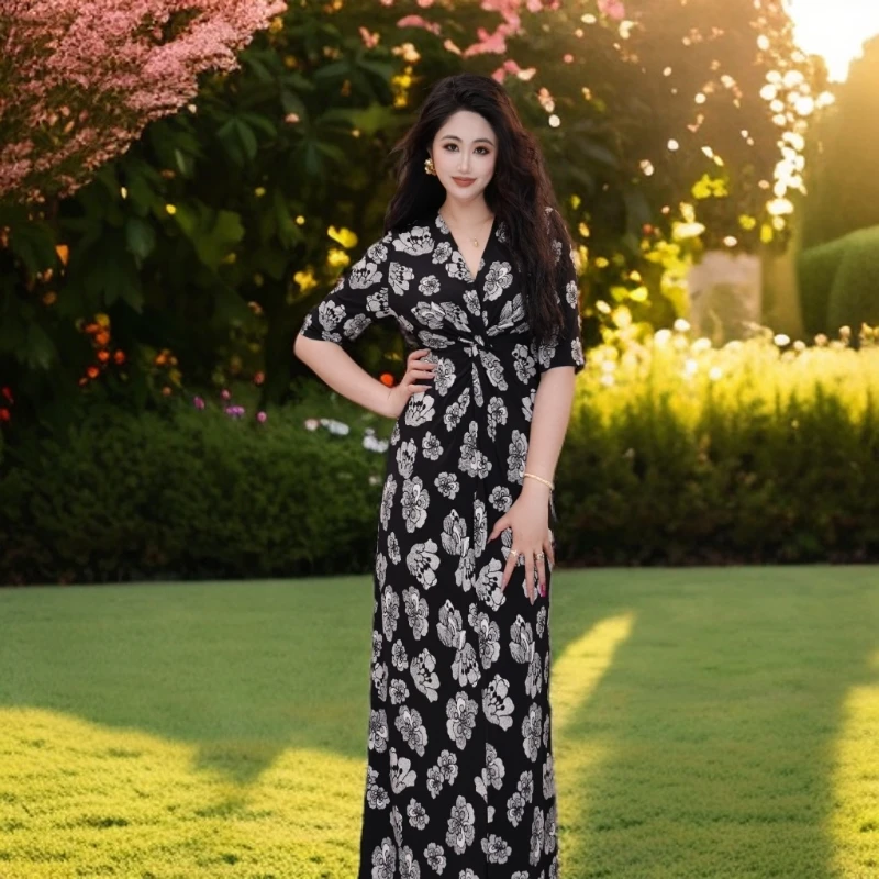 星云里微胖服饰｜像素花园｜高级微胖设计感超弹法式印花气质连衣裙