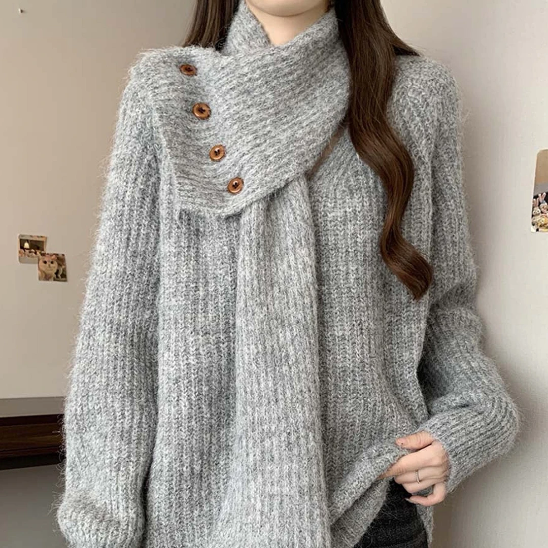 慵懒风毛绒围脖针织衫毛衣女2025新款秋冬季加厚保暖宽松百搭上衣