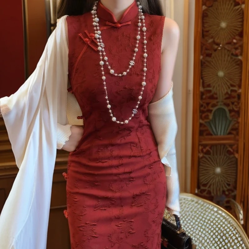 富家夫人~新中式复古提花红色改良旗袍连衣裙无袖开衩修身长裙
