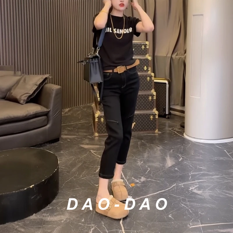 秋冬加绒黑色烟管裤牛仔裤2025年欧货明线设计高腰弹力九分直筒裤