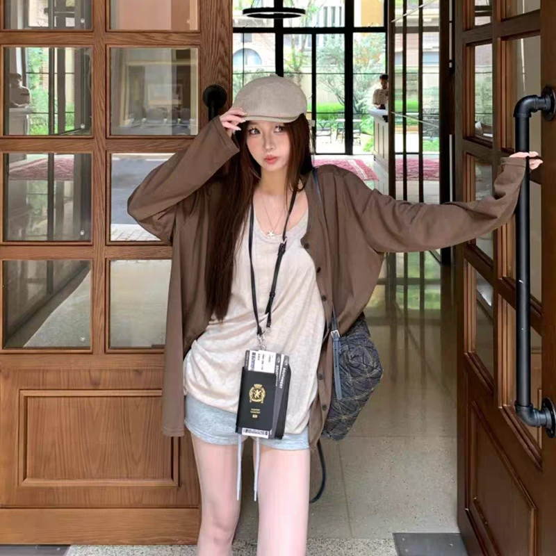 慵懒风套装设薄款长袖衬衫防晒衫女秋季内搭吊带背心松弛感两件套