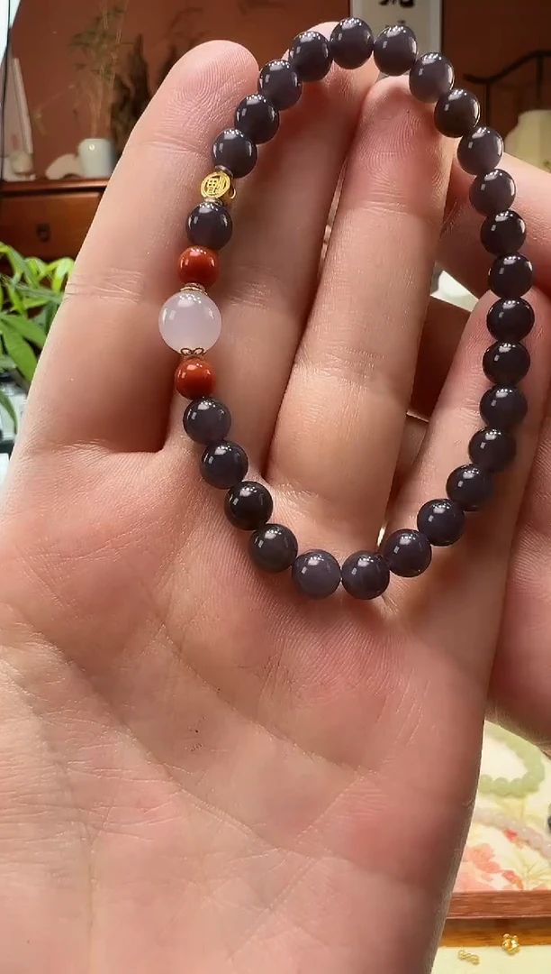 【闪购商品】和田玉手串18K金镶嵌烟紫6mm