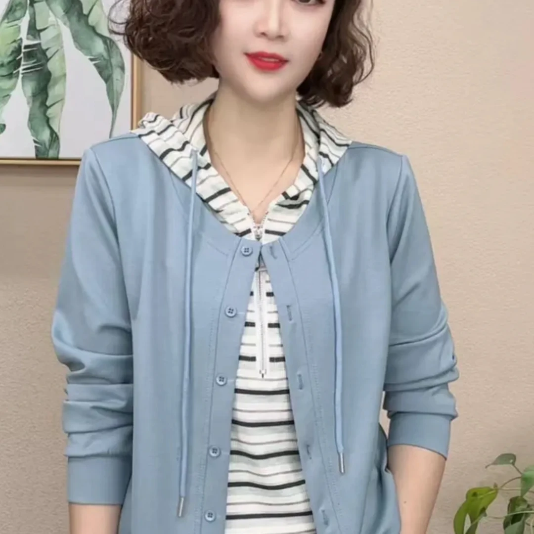 025春秋新款时尚气质洋气休闲百搭连帽女士假两件长袖