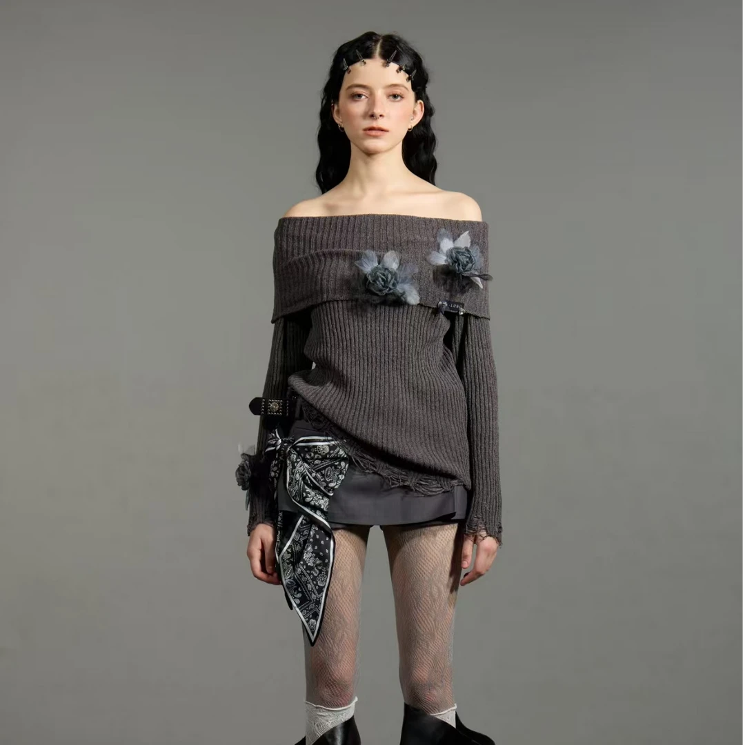 AN.LONG浪漫一字肩毛衣