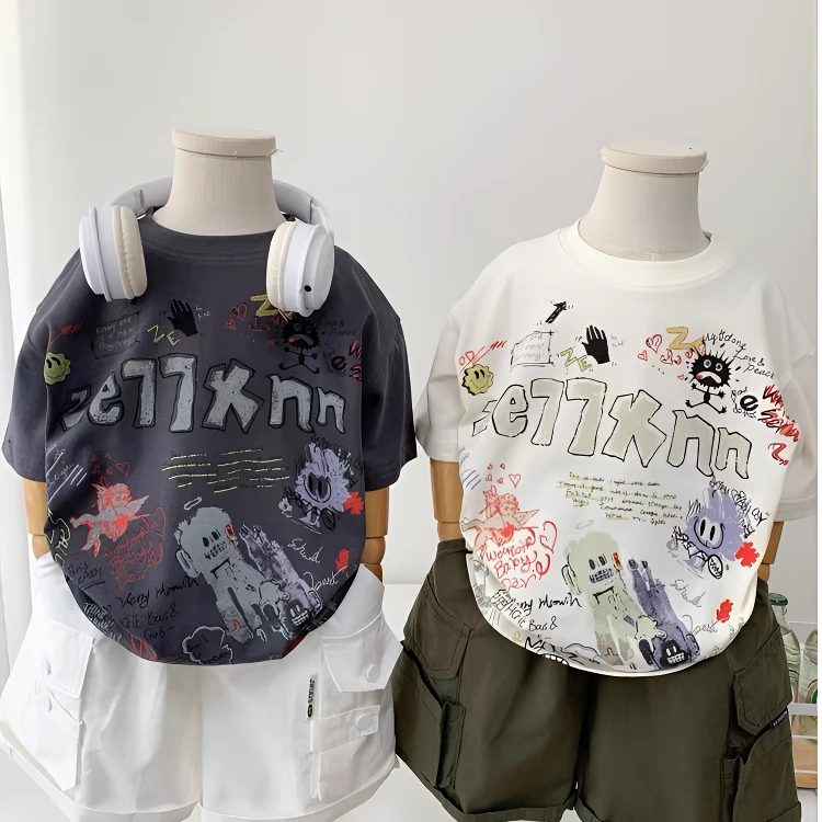男童短袖T恤2025夏季新款儿童个性涂鸦半袖衫时尚休闲百搭纯棉潮T