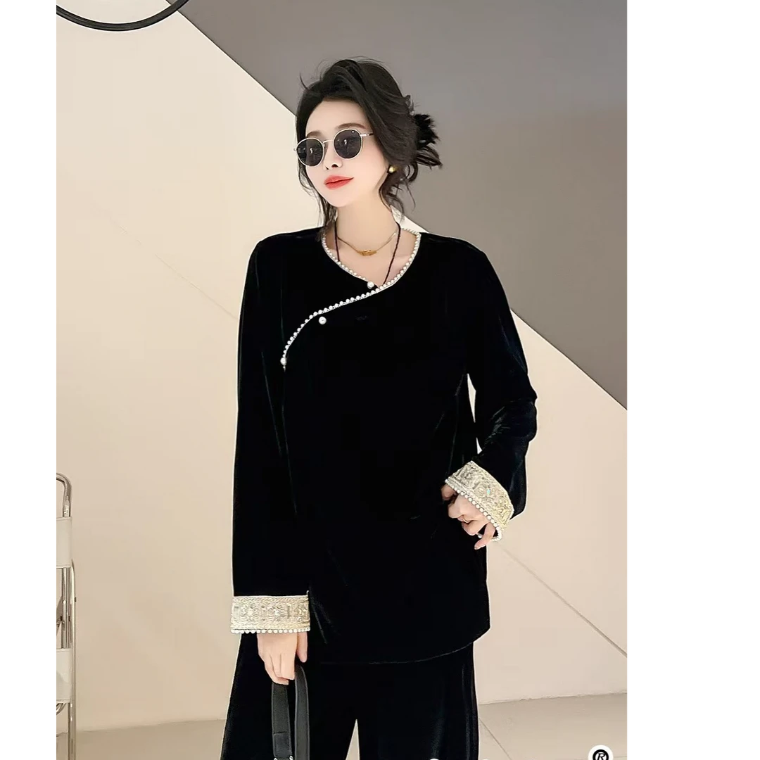 D8298新中式钉珠重工T恤宽松秋季时尚女百搭显瘦上衣