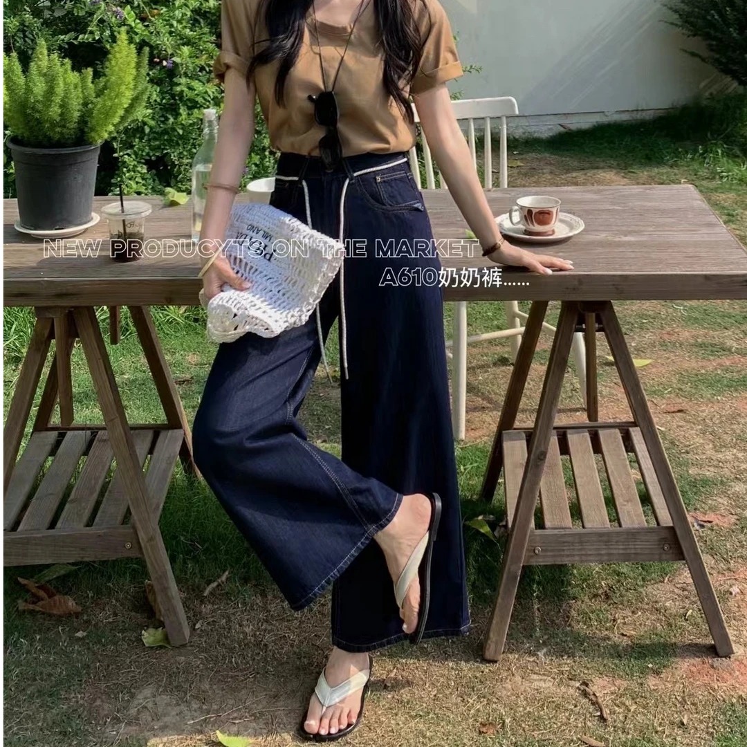 薇莎610【现货】九分普洗蓝无弹阔腿牛仔裤