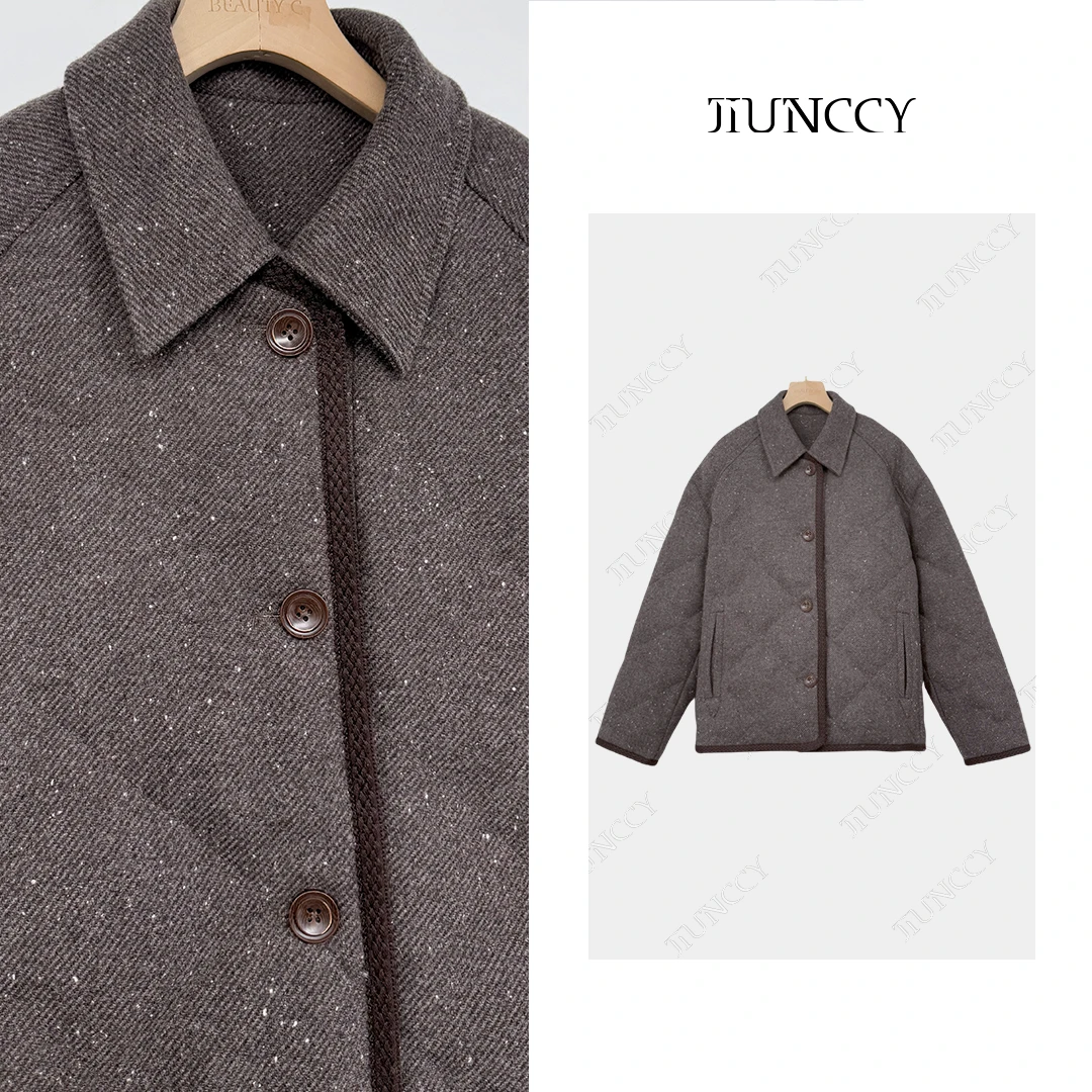 JIUNCCY【繁星】雪花点羊毛混纺拼可拆卸领90白鹅绒服外套 42YRF116