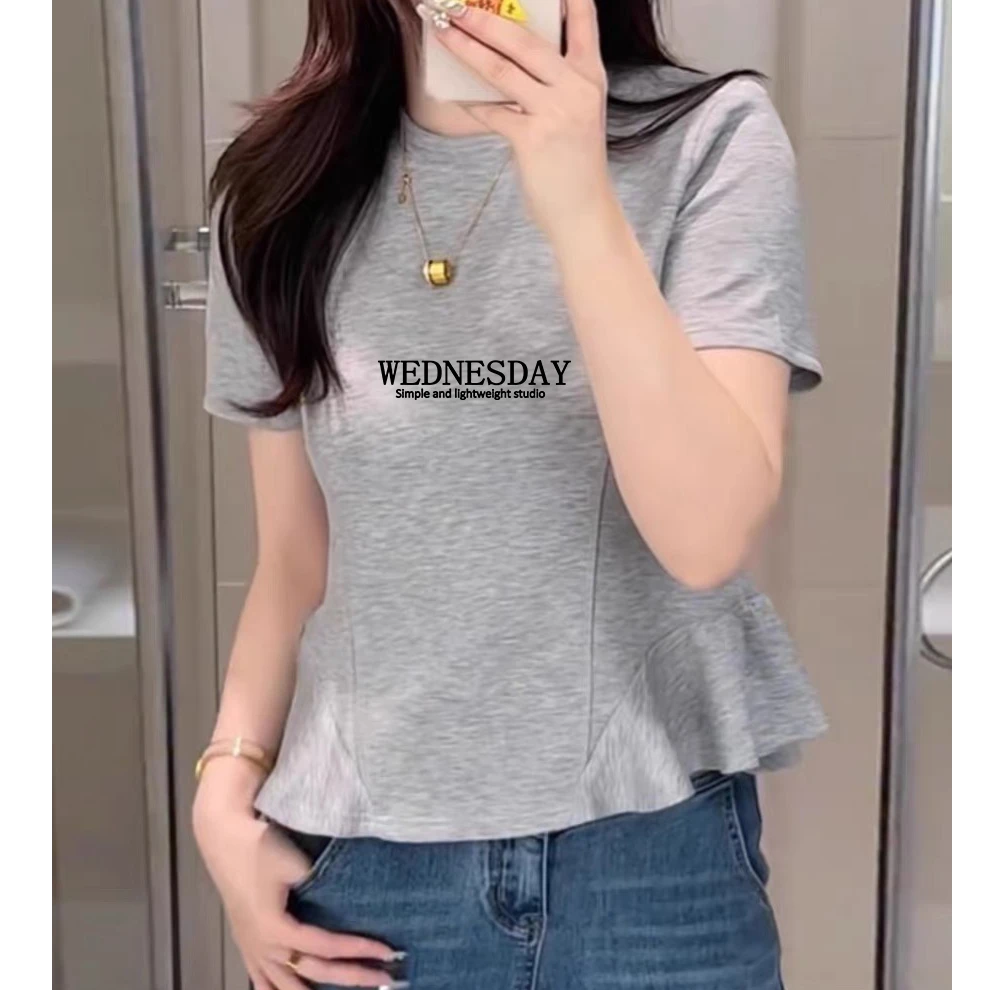 欧货时尚荷叶边拼接T恤女2025春季新款百搭修身洋气减龄圆领上衣