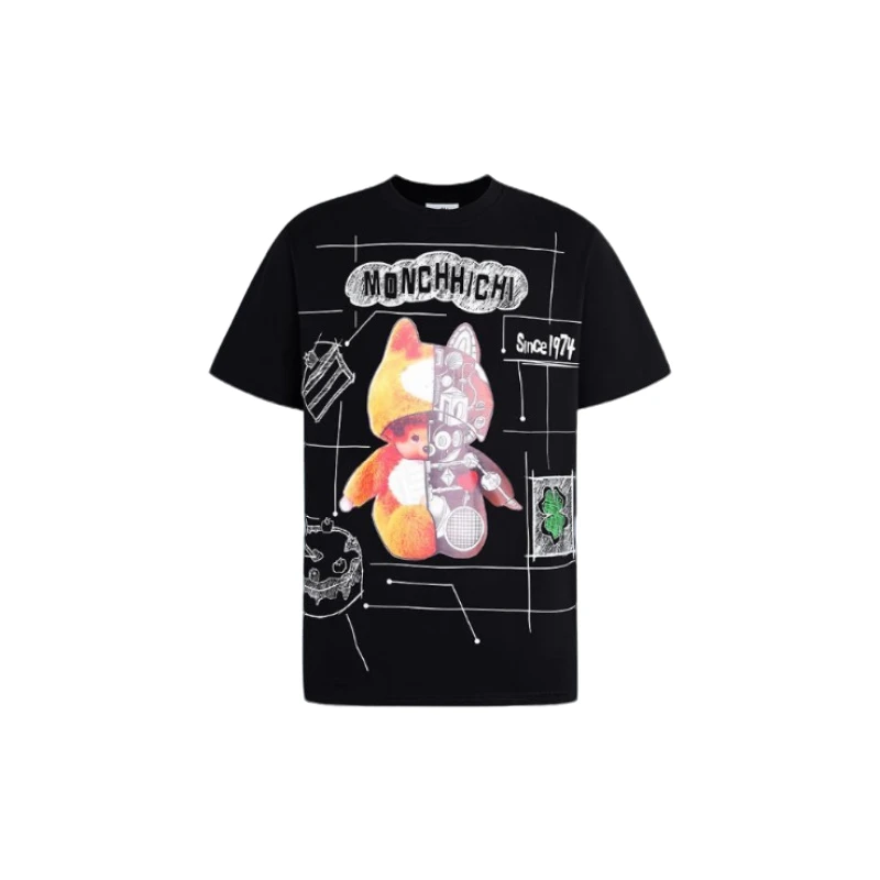 萌趣趣手绘机械印花时尚潮流T恤 男女同款 黑色 018（AH）